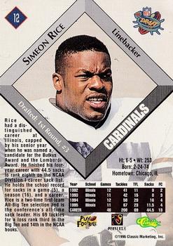1996 Classic NFL Rookies #12 Simeon Rice Back