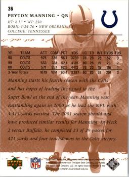 2001 Upper Deck Rookie F/X #36 Peyton Manning Back
