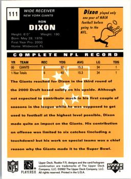 2001 Upper Deck Rookie F/X #111 Ron Dixon Back