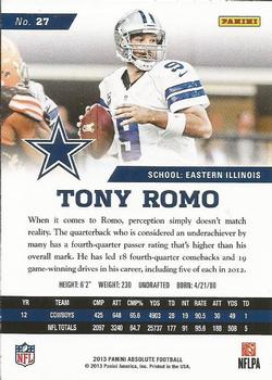 2013 Panini Absolute #27 Tony Romo Back