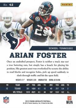 2013 Panini Absolute #42 Arian Foster Back