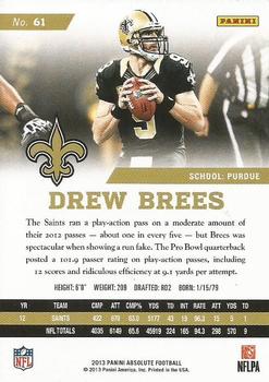 2013 Panini Absolute #61 Drew Brees Back