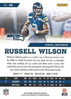 2013 Panini Absolute #86 Russell Wilson Back