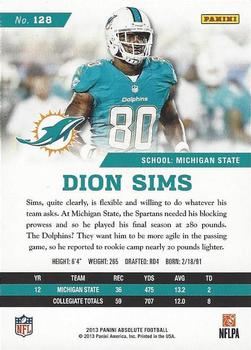 2013 Panini Absolute #128 Dion Sims Back