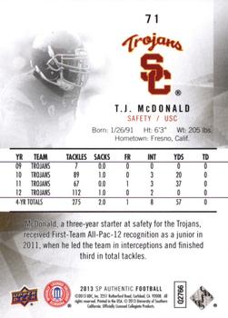 2013 SP Authentic #71 T.J. McDonald Back