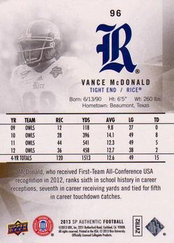 2013 SP Authentic #96 Vance McDonald Back