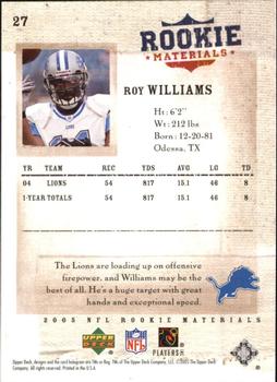 2005 Upper Deck Rookie Materials #27 Roy Williams Back
