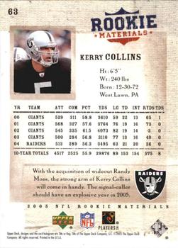 2005 Upper Deck Rookie Materials #63 Kerry Collins Back