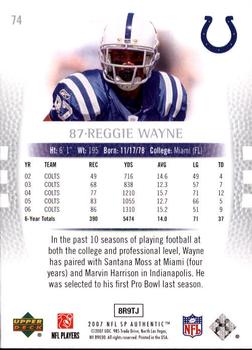2007 SP Authentic #74 Reggie Wayne Back
