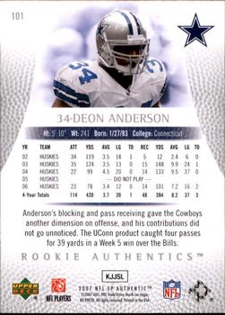 2007 SP Authentic #101 Deon Anderson Back