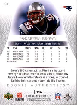 2007 SP Authentic #123 Kareem Brown Back