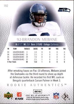 2007 SP Authentic #192 Brandon Mebane Back