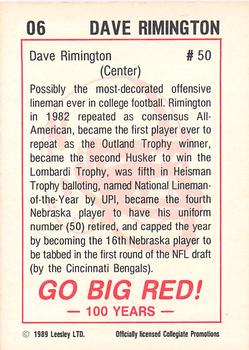 1989 Leesley Nebraska Cornhuskers 100 #6 Dave Rimington Back