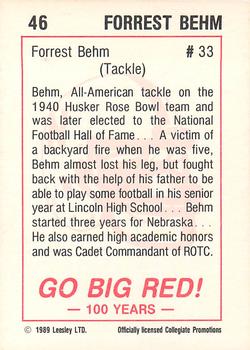 1989 Leesley Nebraska Cornhuskers 100 #46 Forrest Behm Back