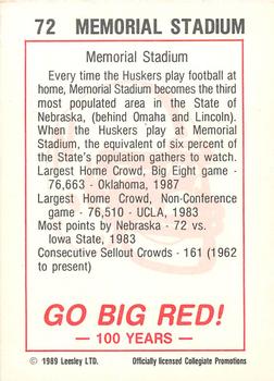 1989 Leesley Nebraska Cornhuskers 100 #72 Memorial Stadium Back