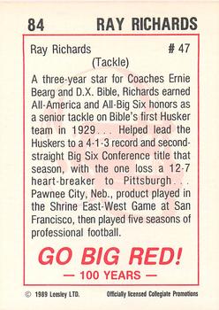 1989 Leesley Nebraska Cornhuskers 100 #84 Ray Richards Back