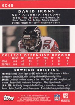 2007 Bowman Chrome #BC40 David Irons Back
