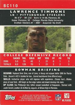 2007 Bowman Chrome #BC110 Lawrence Timmons Back