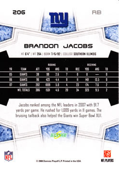 2008 Score #206 Brandon Jacobs Back