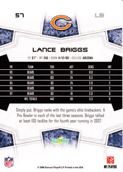 2008 Score #57 Lance Briggs Back