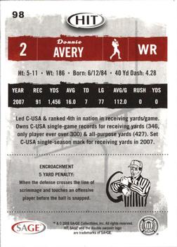 2008 SAGE HIT #98 Donnie Avery Back