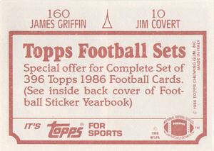 1986 Topps Stickers #10 / 160 Jim Covert / James Griffin Back