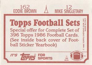1986 Topps Stickers #12 / 162 Mike Singletary / Eddie Brown Back