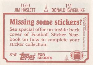 1986 Topps Stickers #19 / 169 Donald Igwebuike / Jim Haslett Back