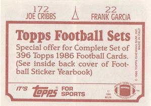 1986 Topps Stickers #22 / 172 Frank Garcia / Joe Cribbs Back
