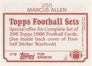 1986 Topps Stickers #255 Marcus Allen Back