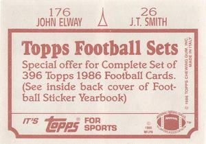1986 Topps Stickers #26 / 176 J.T. Smith / John Elway Back