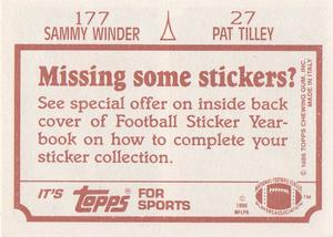 1986 Topps Stickers #27 / 177 Pat Tilley / Sammy Winder Back