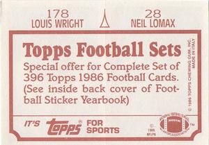 1986 Topps Stickers #28 / 178 Neil Lomax /  Louis Wright Back