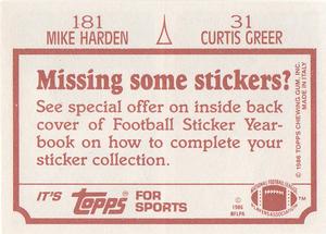 1986 Topps Stickers #31 / 181 Curtis Greer / Mike Harden Back