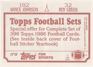 1986 Topps Stickers #32 / 182 Roy Green / Vance Johnson Back