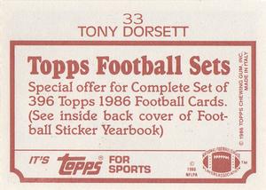 1986 Topps Stickers #33 Tony Dorsett Back