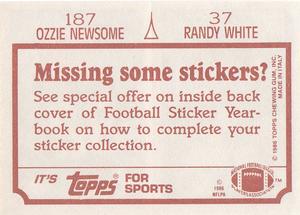 1986 Topps Stickers #37 / 187 Randy White / Ozzie Newsome Back