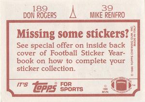 1986 Topps Stickers #39 / 189 Mike Renfro / Don Rogers Back