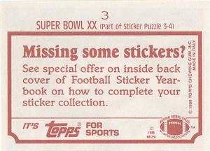 1986 Topps Stickers #3 Super Bowl XX Back