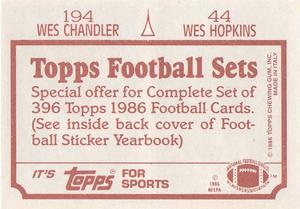 1986 Topps Stickers #44 / 194 Wes Hopkins / Wes Chandler Back