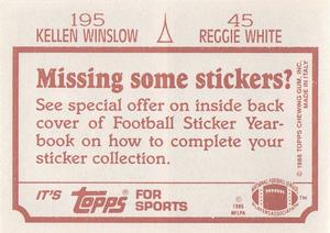 1986 Topps Stickers #45 / 195 Reggie White / Kellen Winslow Back