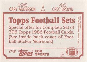 1986 Topps Stickers #46 / 196 Greg Brown / Gary Anderson Back