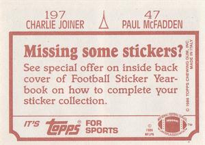 1986 Topps Stickers #47 / 197 Paul McFadden / Charlie Joiner Back