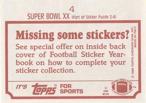 1986 Topps Stickers #4 Super Bowl XX Back
