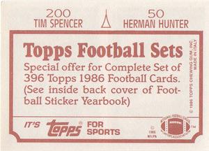 1986 Topps Stickers #50 / 200 Herman Hunter / Tim Spencer Back