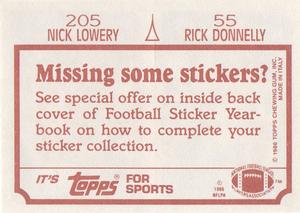 1986 Topps Stickers #55 / 205 Rick Donnelly / Nick Lowery Back