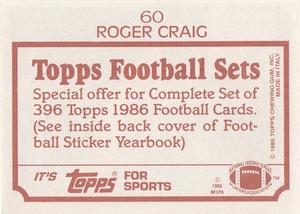 1986 Topps Stickers #60 Roger Craig Back