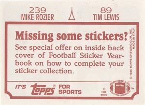 1986 Topps Stickers #89 / 239 Tim Lewis / Mike Rozier Back