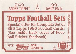 1986 Topps Stickers #99 / 249 LeRoy Irvin / Andre Tippett Back