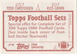 1986 Topps Stickers #107 / 257 Russ Grimm / Todd Christensen Back